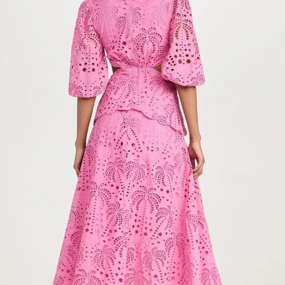 FARM Rio Pink Richelieu Midi Dress Eyelet Scallop Cutout Tuckernuck Sundress - Picture 8 of 9